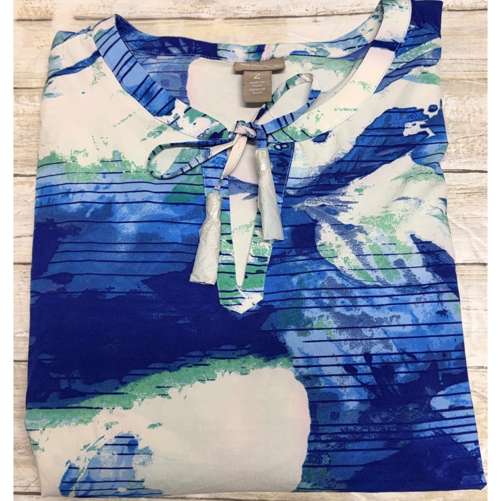 Chicos Blue Abstract Floral Stripe Blouse Long Sleeve Tie Neck Size 2(U.S 12)